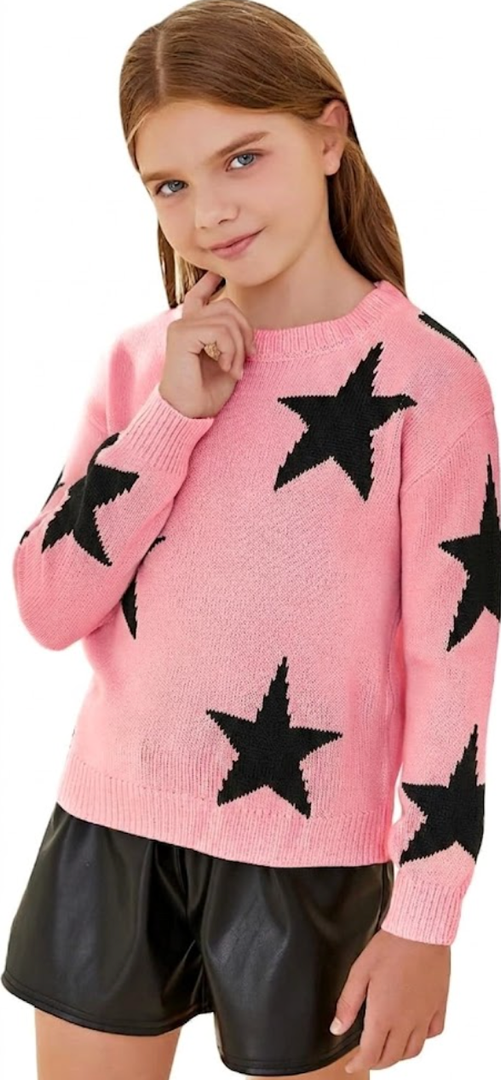WDIRARA Girl's Star Printed Round Neck Long Sleeve Sweater Casual Drop Shoulder Pullover Knitwear (Pink), 13-14Y