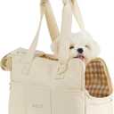 Dog Purse Carrier for Small Dogs Rabbit cat with Large Pockets, Cotton Bag, Dog Carrier Soft Sided, Collapsible Travel Puppy Carrier (Beige, 13.6" L x 6.5" W x 10" H)