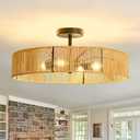 hesoge Boho Rattan Ceiling Light Fixture Rustic Black Semi Flush Mount Ceiling Light 20 Inches 4 Light Woven Chandelier for Farmhouse Hallway Bedroon Living Room Dining Room Kitchen Island