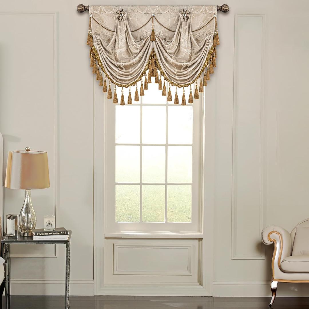 Loom and Mill Luxury Waterfall Valances for Windows, Elegant Jacquard Thick Swag Curtains Valance with Tassels for Living Room, Bedroom Party Banquet Decorations (Golden & Sand, W39 Inch, 1 Panel)