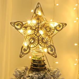 Juegoal Star Tree Topper with 20 LED Lights, Metal Golden Lighted Treetop Ornaments, Battery Powered Light Up Christmas Tree Decorations, 6.5 x 6.5 Inches