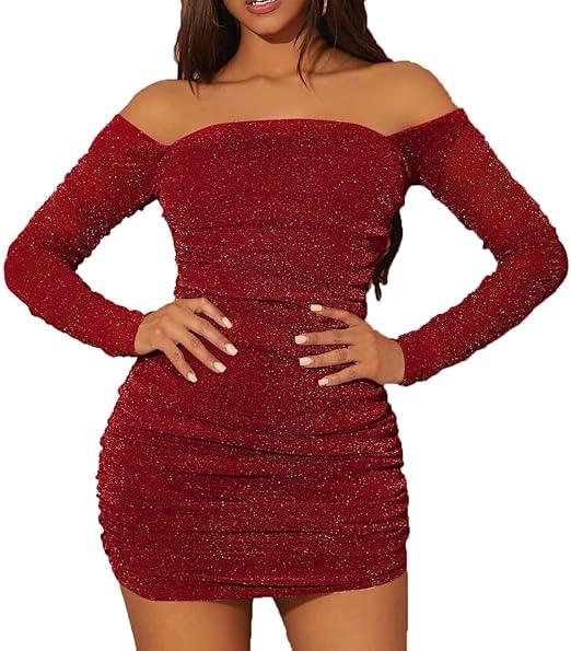 MOEENCN Women Mesh Bodycon Mini Dress Long Sleeve Square Collar Pleated Ruched Dresses Party Night Club Outfits Burgundy M