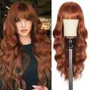 Auburn Wigs with Bangs Long curly wavy Wig for Women Natural Auburn Wig Wear and Go Synthetic Wigs for Daily Party Use 26IN (350)