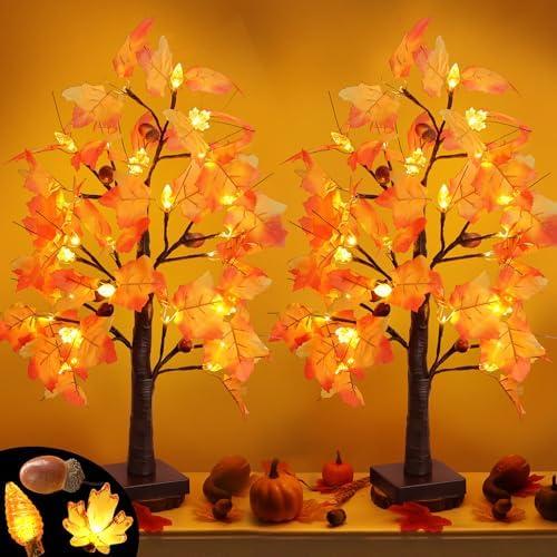 1 Packs 24 Inch Lighted Maple Tree Fall Thanksgiving Decorations with 48 LEDs Timer Battery Operated 3D Acorn Maple Lampshade Artificial Autumn Tree Lights for Thanksgiving Table Decor Home Indoor