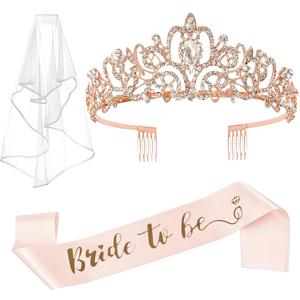 Bachelorette Party Decorations - 3pcs Bridal Shower Decorations include Bride to Be Crown Sash Veil for Women Bachelorette Hen Party Favors Accessories Wedding Decor Bridal Shower Gifts (Rose Gold) (1 Count (Pack of 3))