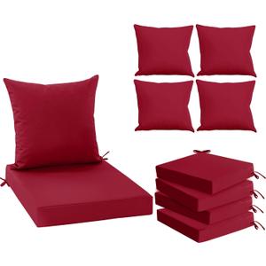 Outdoor Backrest and Deep Seat Cushion Set, Waterproof Fade Resistant Patio Chair Furniture Cushion with Removable Cover, 24 x 24 Inch, Red, Set of 4