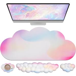 JIKIOU Large Cloud Mouse Pad Waterproof with Cloud Keyboard Wrist Pad and Cloud Mouse Wrist Pad Set, Ergonomic Computer Desk Wrist Support Mousepad for Keyboard and Mouse 35.4x15.7in Rainbow