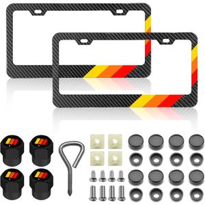 License Plate for Tri-Color 3 Color Yellow Orange Red Premium Carbon Fiber Steel License Plate Holder Compatible All Vehicle License Plate Tag Cover Fit Accessories Included