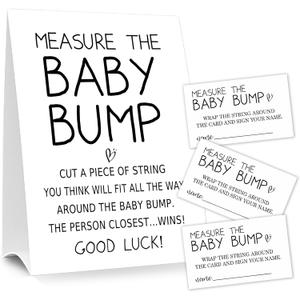 Baby Shower Games Measure the Baby Bump Sign, How Big is Mommy's Belly Party Favors Supplies, 5x7 Inch Kraft Standing Sign and 50 Guessing Cards, Minimalist (White1)