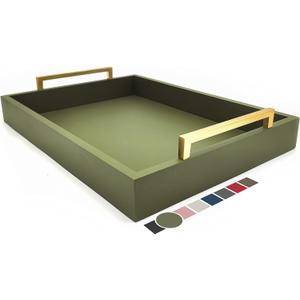 16x12 Decorative Coffee Table Tray - Ottoman Tray - Breakfast, Drinks, Liquor Serving Platter - from Farmhouse to Modern - Matte Finish - Champagne Gold Handles - Loden Green