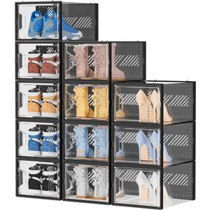 Shoe Storage, 12 Pack X-Large Shoe Organizer for Closet, Shoe Boxes Clear Plastic Stackable Shoe Storage Boxes for Size 13 (Black)