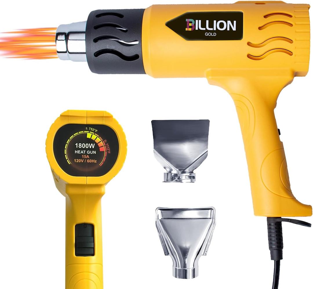 Heat Gun, BILLION GOLD 1800W Hot Air Gun 752-1112 with 2 Temperature Setting, Heat Gun for Crafting, Shrink Tubing, Paint Removing - 2 Nozzles