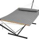 SUPERJARE Hammock with Stand, 2 Person Quilted Outdoor Hammock, Detachable Pillow & Bamboo Spreaders, Portable Hammock with Carrying Bag, Heavy Duty Stand, Perfect for Outside, Patio, Gray