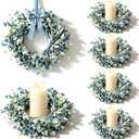 6 Pcs Small Blue Daisy Flower Candle Rings Wreaths Mini Pillar Candle Holder Wreath with White Floral Eucalyptus Leaves Lavender Artificial Spring Grains Wreath for Home Kitchen Table Cnterpieces