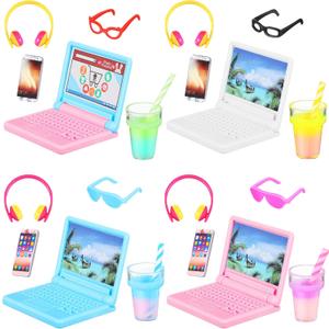 20 Pieces Dollhouse Accessories Doll Travel Accessories Mini Laptop Computer Phone Toy Miniature Glasses Headset Drink Toys Plastic Doll Accessories for Dolls (Cute Style)