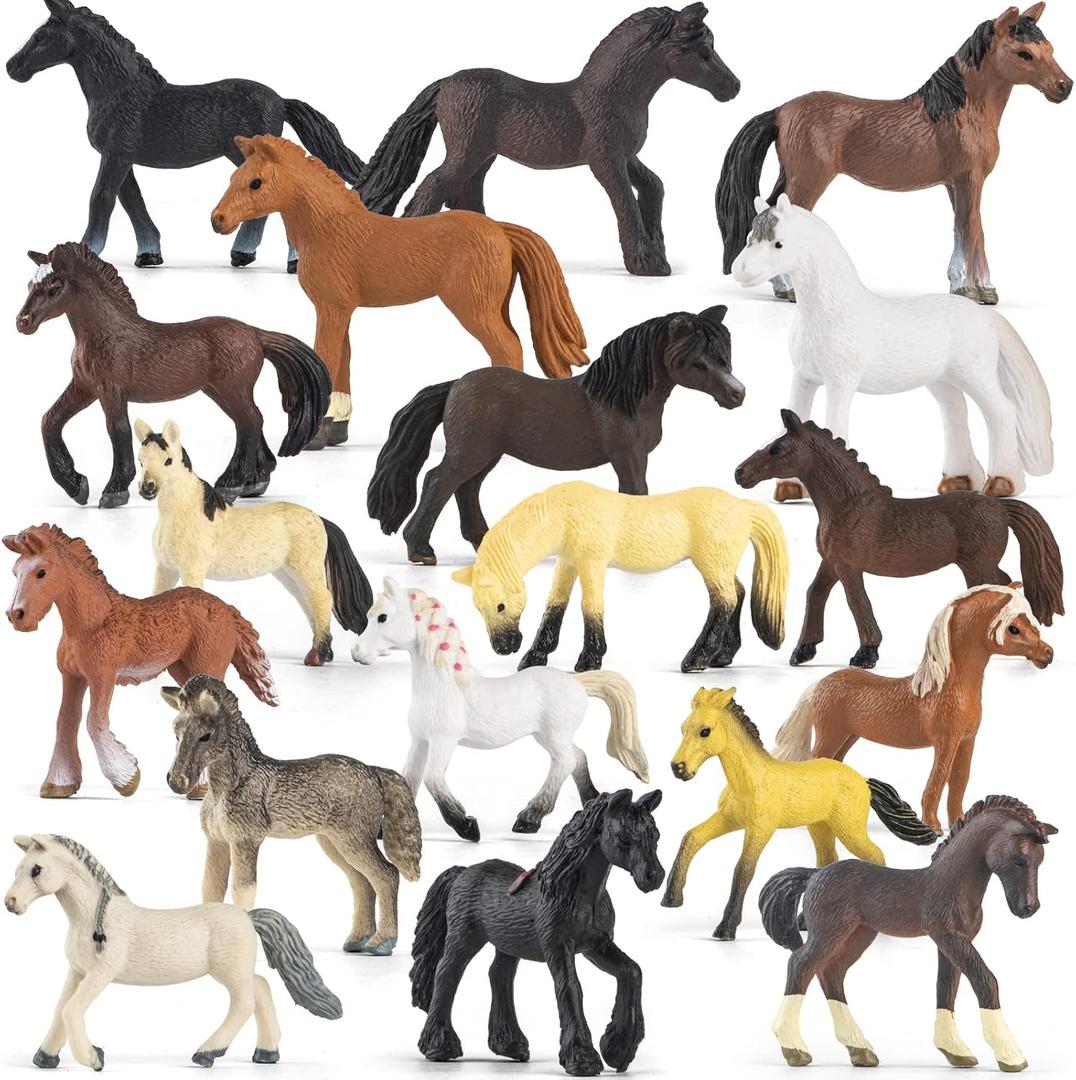 18 Pcs Plastic Miniature Realistic Pony Horse Toy Figurine Farm Animal Toy Gift for Boy Girl, Premium Horse Party Favor Decoration Cake Topper Birthday Pinata