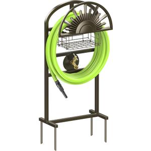 GOFORWILD Garden Hose Holder with Brass Faucet, Freestanding Water Hose Stand with Storage Basket, Detachable Heavy Duty Hose Reel Hanger Holds 150-Feet Hose for Outside Patio Yard Lawn