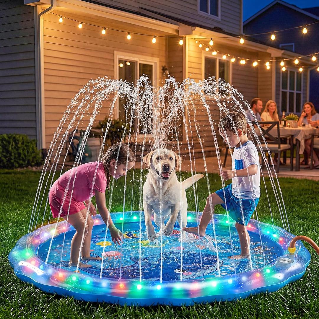 LED Glowing Splash Pad Sprinkler for Kids & Dogs, 60" Non-Slip Outdoor Water Toys Toddler Sprinkler Pool Splash Pad/Play Mat,LED Light Boys Girls Yard Sprinkler Pool for Kids