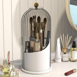 Makeup Brush Holder with Dustproof Cover 360 Rotating Makeup Brush Organizer for Vanity Bathroom, Grey