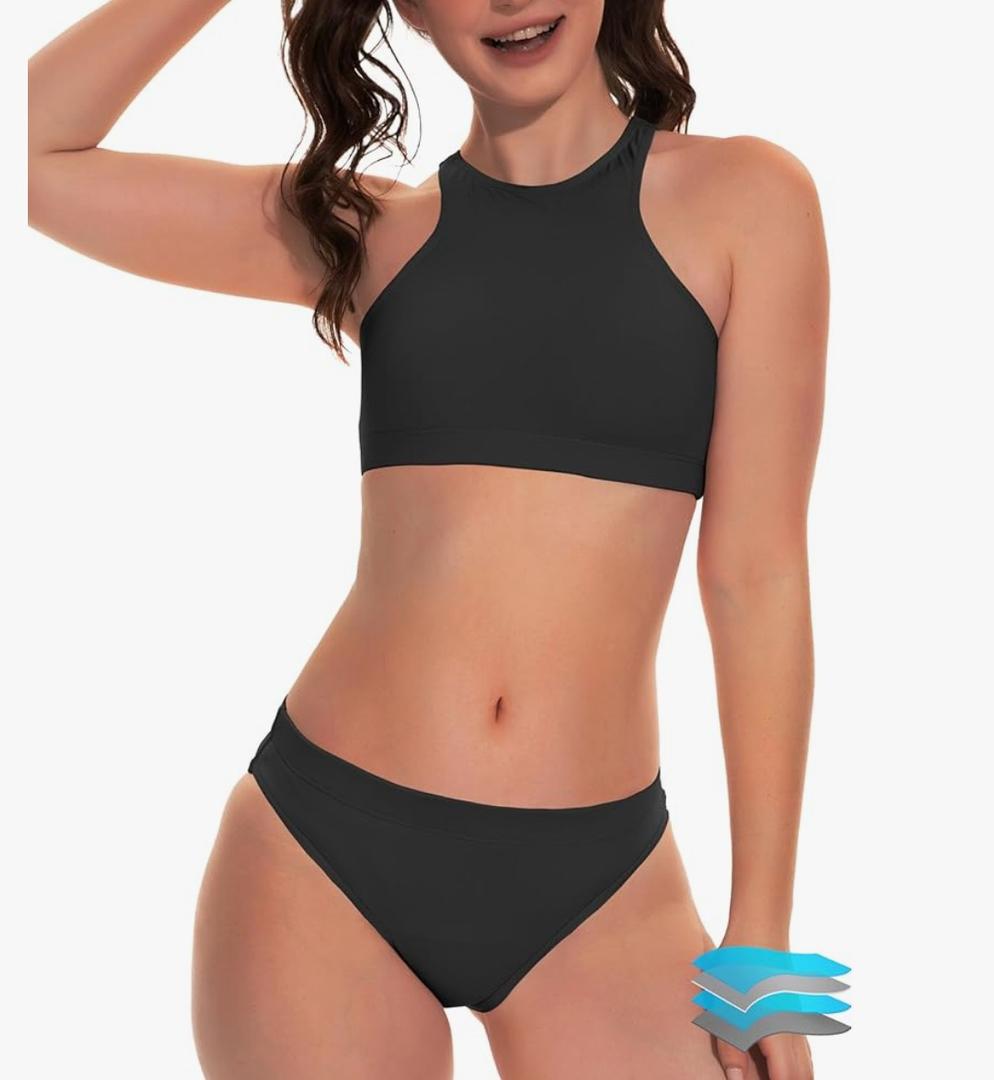 Beautikini Period Swimwear Two Piece Sporty Swimsuit Bikini Menstrual Leakproof Bathing Suit for Teen Girls Medium, Black