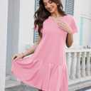 Alaster Queen Womens 2025 Summer T Shirt Pleated Dress Short Sleeve Casual Swing Tunic Dress with Pockets (Pink)