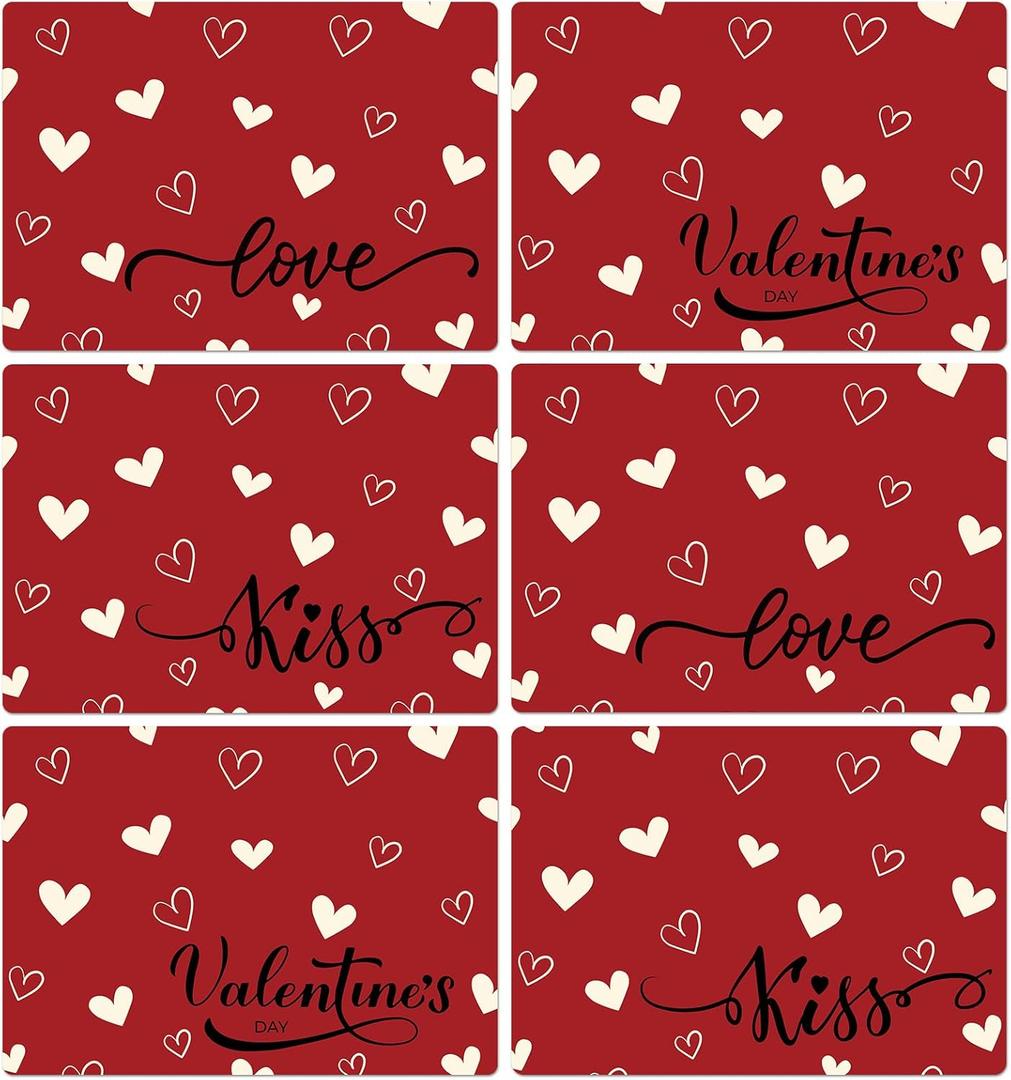 Valentine Placemats Set of 6 Reusable Valentines Plastic Table Mats Waterproof Red Love Heart Place Mats Valentines Table Decoration for Indoor Outdoor Party Kitchen Dining