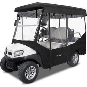 Golf Cart Enclosure 4 Passenger for Club Car Tempo Onward Extended Roof 4-Seater 600D Waterproof Transparent Driving Rain Cover with 4-Sided Clear Windows Mirror Zipper Roll-up Door Black