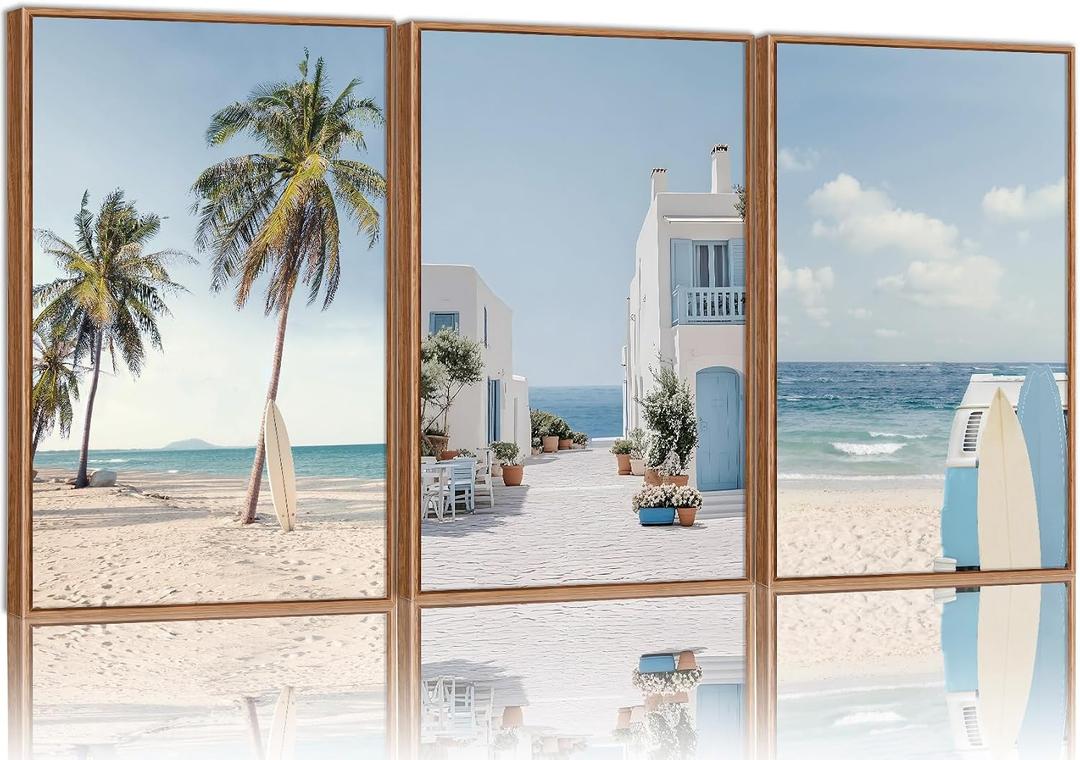 Rantodecor Beach Themed Framed Canvas Wall Art, Palm Tree Surfboard Van Wall Decor, Nordic Blue and White House Art Painting, Modern Relaxing Seascape Artwork for Bedroom Living Room Office 16"x24"x3, 24"x16"