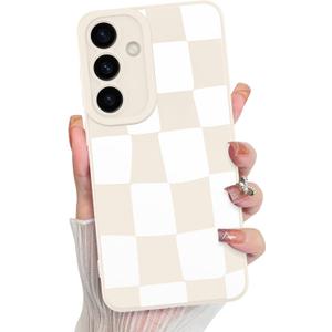 KANGHAR Compatible with Samsung Galaxy S25 Case Checkered -White | Silicone Cute Pattern, Camera Protection Soft Slim Phone Case for Girls Women