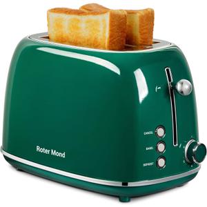 Roter Mond 2 Slice Toaster Retro Stainless Steel with Bagel, Cancel, and Defrost Functions, 6 Bread Shade Settings, Extra Wide Slots and Removable Crumb Tray, Green