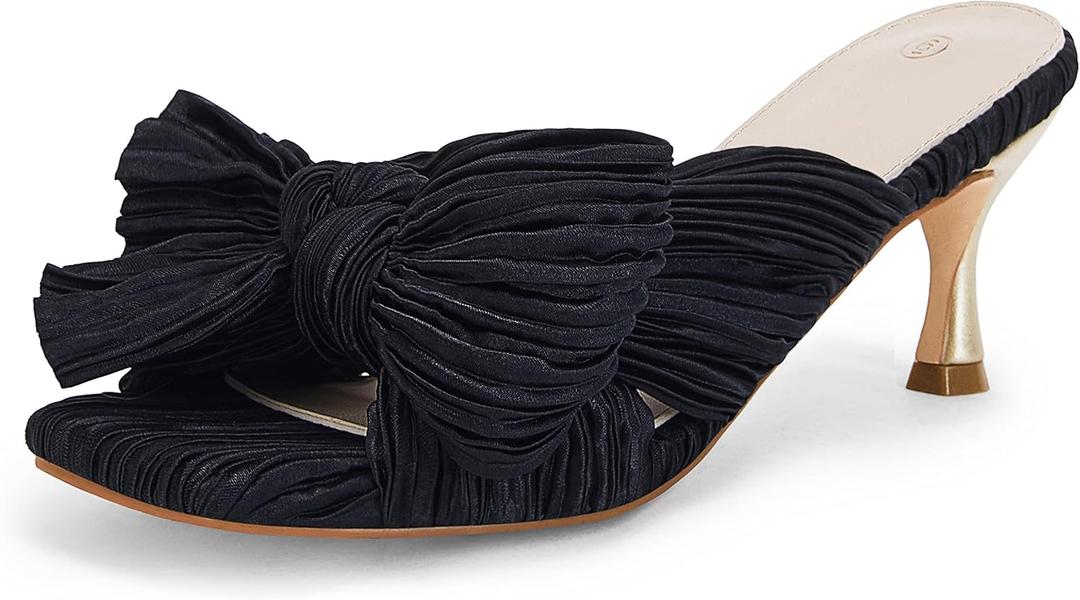 Coutgo Womens Bow Heeled Sandals Pleated Bowknot Heels Open Square Toe Cute Kitten Heel Mules Slip On Wedding Dress Shoes (5, Black)