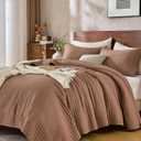 DOWN HOME Queen Quilt Bedding Set with Shams, Vintage Washed Quilted Blanket Thin Comforter Lightweight Bedspread Coverlet Bed Cover, Brushed Microfiber Stripe Stitching, Terracotta Brown, 86"x90"