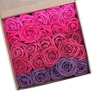 N&T NIETING Roses Artificial Flowers, 25pcs Real Touch Artificial Foam Roses Decoration DIY for Wedding Bridesmaid Bridal Bouquets Centerpieces, Party Decoration, Home Display (SeriesE Dark Red)
