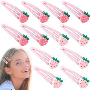 PAGOW 12 Pcs Strawberry Hair Clips, Y2K Pink Cute Hair Barrettes, Fruit Cutecore Hair Accessories, Decorative Metal Snap Hair Clips for Women, Set of 3