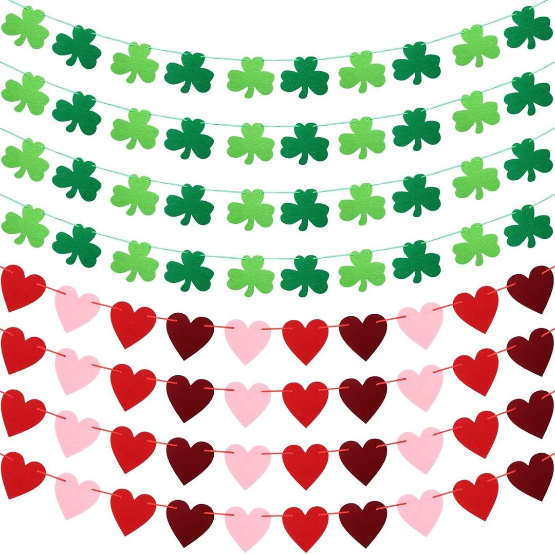 Tatuo 8 Pieces St. Patrick's Day Garland Decor Felt Red Heart Banner Hanging Garland Green Shamrock for Valentines Holiday Wedding Birthday Anniversary Party Hanging (Stylish)