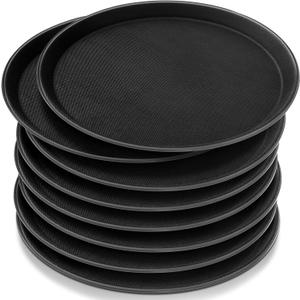 Zopeal 8 Pieces Black Round Restaurant Serving Tray, Plastic Non Slip Surface Food Meals Server Tray with Raised Edges for Home, Kitchen, Restaurant, Cafeteria, Bar (14")
