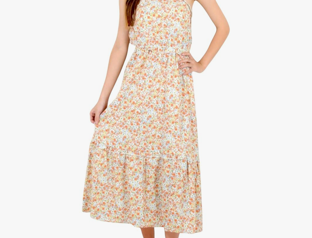Anna-Kaci Women's Halter Neck Floral Print Tiered Midi Dress with Elastic Waist, S
