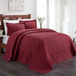Superior Aspen Cotton Blend 3 Piece Bedspread Set, Oversized Bedspread, 2 Pillow Shams, Medium Weight Blanket, Home Bed Decor, Floral Scalloped, Matelasse Coverlet, Bedding Essential, King, Burgundy