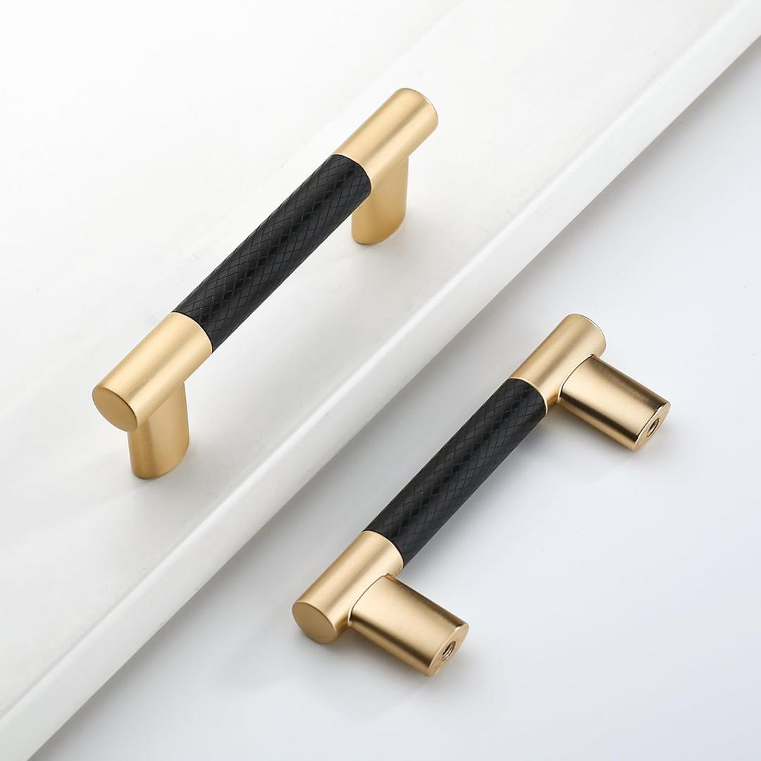 10 Pack 3 Inch(76mm) Hole Center Kitchen Cabinet Handles Black and Gold Cabinet Pulls Knurled Kitchen Drawer Pulls Finish 4" Hardware Dresser Handles Bathroom Cabinets Handles