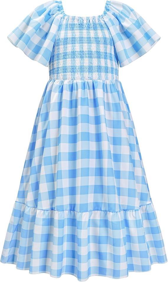 LQSZ Girls Dresses Plaid Smocked Dress Girls' Short Sleeve Summer Dresses for Kids 110