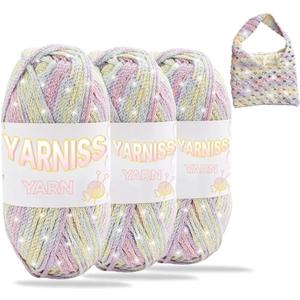 Yarniss Metallic Crochet Yarn for Knitting, Round Hollow Cotton Sparkle Yarn for Bag 3 Skeins of 100g/82yds(Rainbow)
