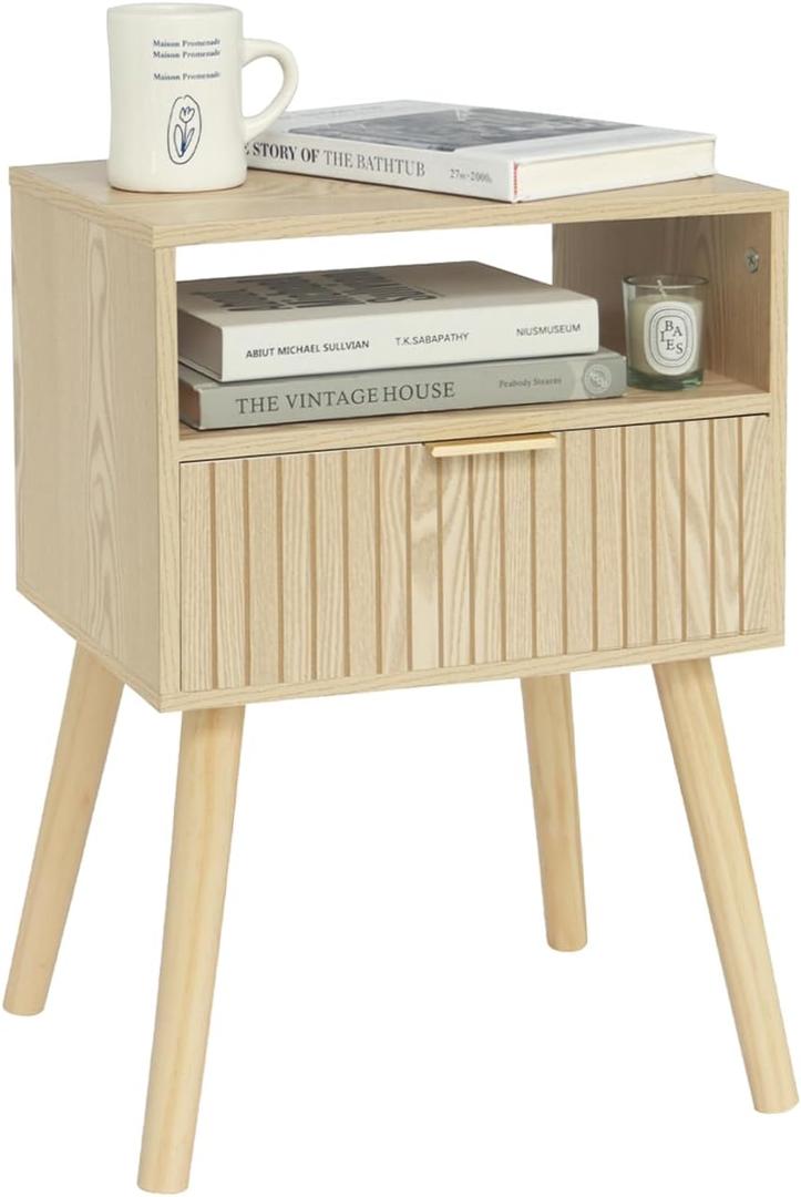 MaxSmeo Small Nightstand Wood Bedside Table with Drawer, Modern End Table for Bedroom and Small Spaces, Solid Wood Legs, Easy Assembly, Natural (1 Pack Natutal)