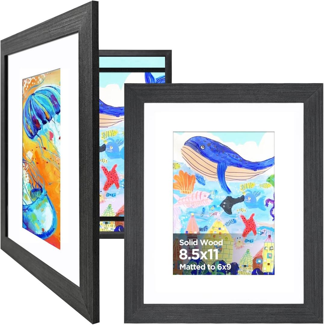 KINLINK 8.5x11 Kids Art Frames Set of 2, Solid Wood Kids Artwork Frames Changeable with Acrylic Front Opening Holds 150 Pictures, Art Frames for Kids Artwork with Mat or without Mat, Black Wood