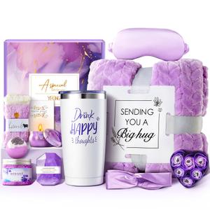 YFONG Spa Gifts for Women, Birthday Gifts for Women, Self Care Get Well Soon Gifts Basket for Mom, Wife, Girlfriend, Sister, Purple Gift Set for Best Friends, Mother's Day, Relaxing Gift - Lavender