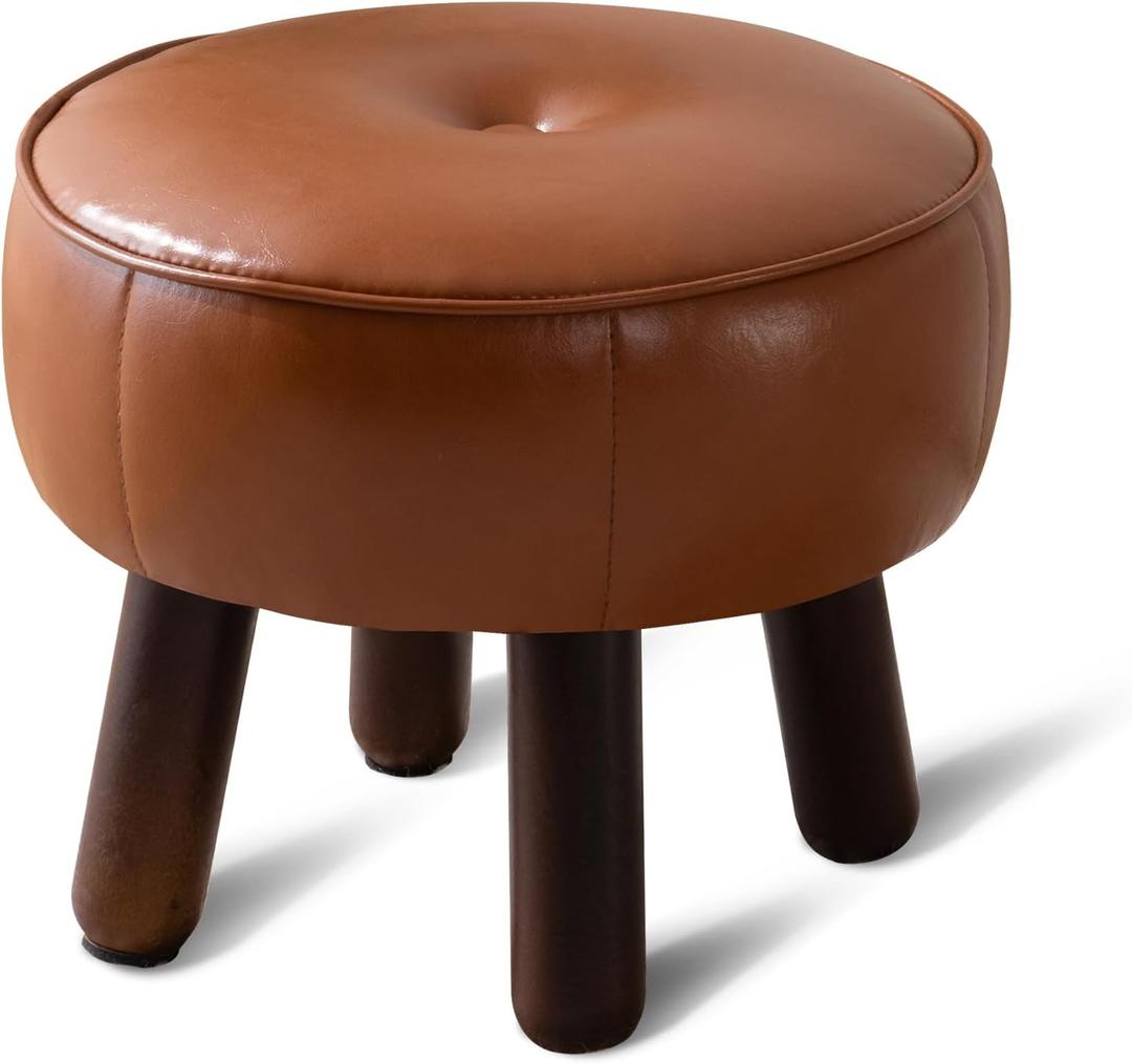 oakvivo Small Foot Stool, Round Faux Leather Pouf Ottoman Foot Rest, Footstool Ottomans with Rubber Legs Under Desk, 13''L x 13''W x 10.2''H, Footrest for Couch, Living Room, Bedroom, Hallway, Brown
