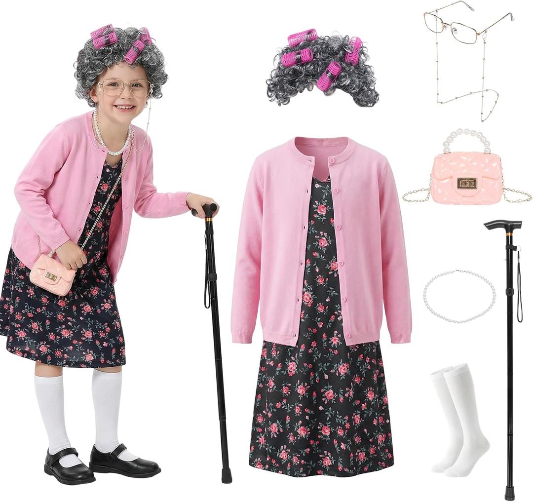 100 Days of School Old Lady Costume for Kids 11 PCS Grandma Granny Costume Old Lady Accessories Outfit for Girls (110(3T / 4T), Black)