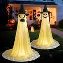 2 Pack Halloween Ghost Decorations Outdoor, Light Up Spooky Ghost with Witch Hat,Halloween Party Scary Ghosts Decor with LED Lights for Porches Yards Gardens Lawn Indoor