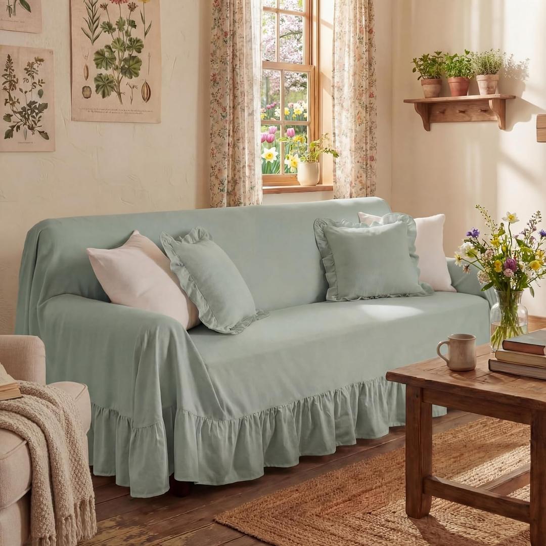 Sage Green Cottagecore Couch Cover with Ruffle Farmhouse Sofa Slipcover One Piece Cotton Sofa Cover for 3 Seat Washable French Country Living Room Decor (118" w X 71" h)