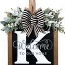 Last Name All Year Round Front Door Wreath with 26 Initial Letter Welcome Sign All Seasons Eucalyptus Garland and Bow Farmhouse, Porch, for Spring Summer Fall All Seasons Holiday Halloween Christmas