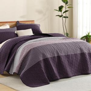 Litanika California King Quilt Set Purple and Grey - Cal King Oversized Stripe Comforter Bedspreads & Coverlets - Soft Lightweight Quilted Bedding Set for All Season(1 Quilt, 2 Pillowcases)